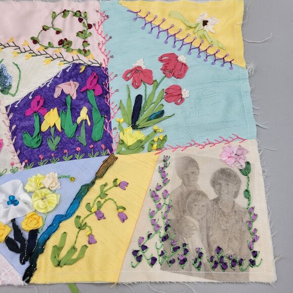 Handcrafted Crazy Quilt Panel Silk Ribbon Embroidery Appliqué Photos Flowers - Picture 2 of 6